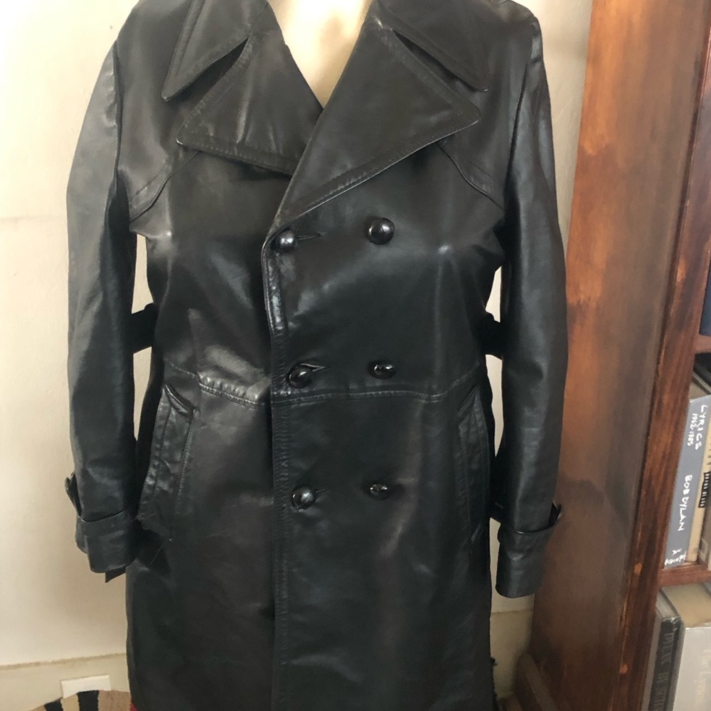 Victoria Vintage Leather Black Pea Coat mid Trench Lined L XL Military 70’s Goth